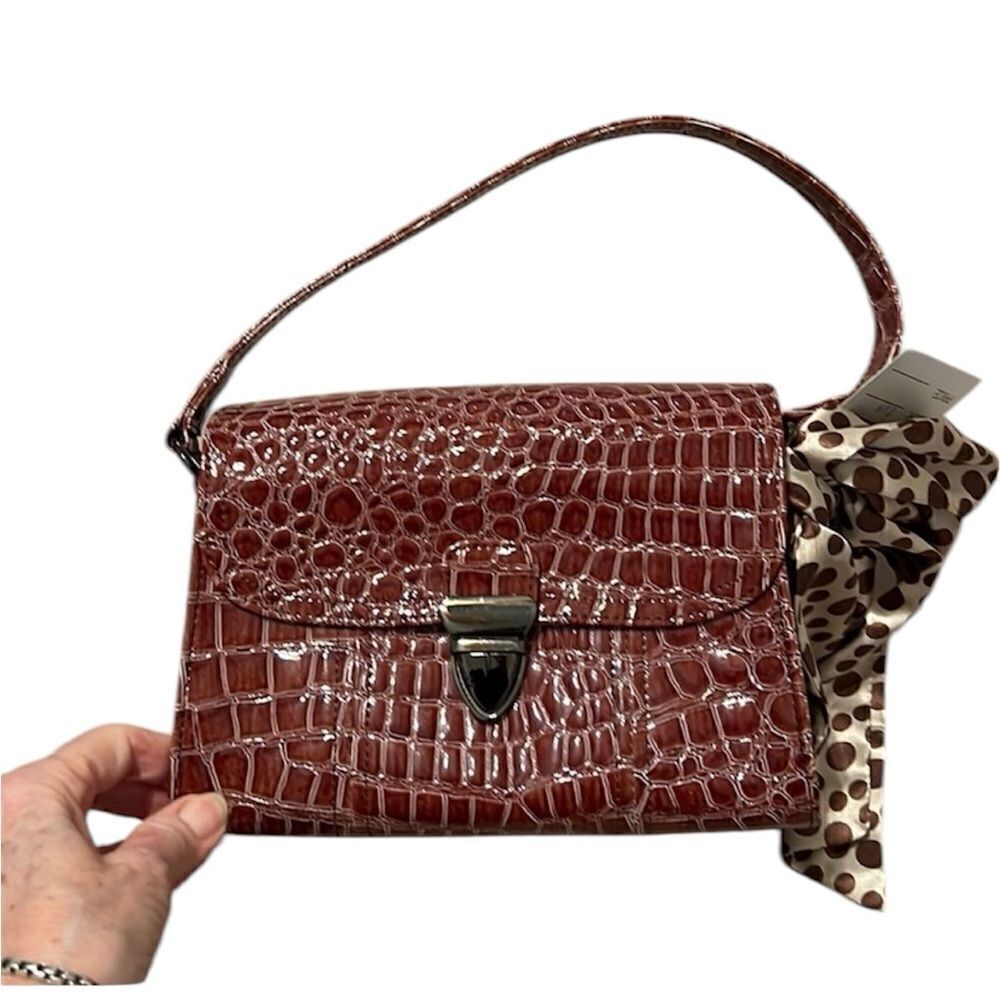 NWT Comely brown faux alligator handbag polka dot scarf that matches the lining